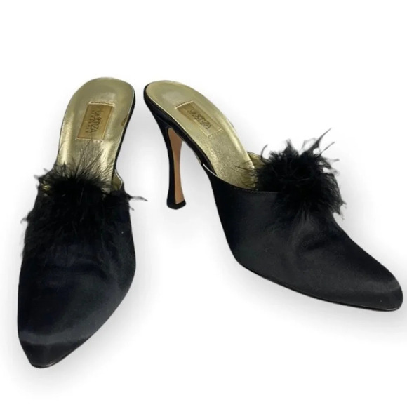 LA SENZA Vintage Black Feather Trim Satin Heel Slipper Shoes Size XL 7-8 - Picture 2 of 11